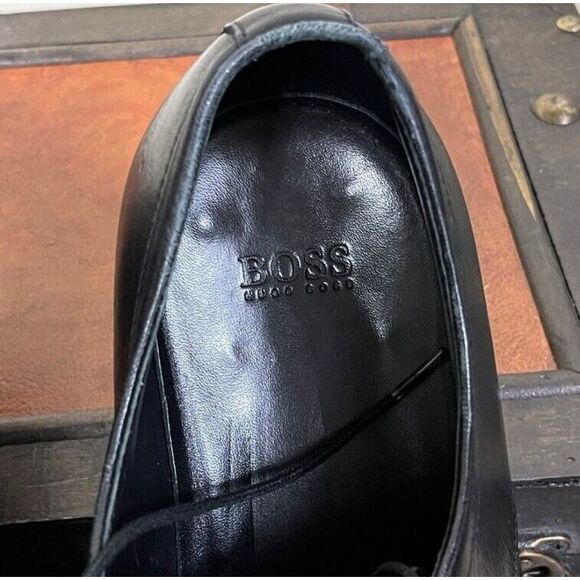 BOSS Hugo Boss Oxford Dress Shoe Size 8 Black Square Toe Lace Up Classic Mens - Picture 3 of 6
